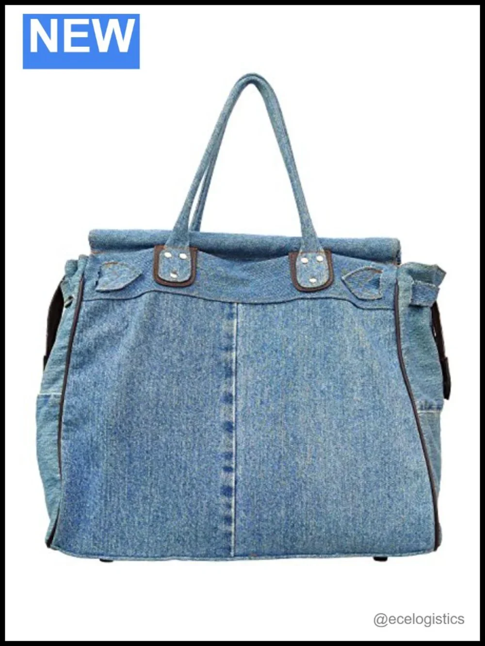 Large Upcycled Denim Tote Bag with Double Handles and Zipper Top